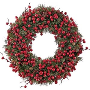 Hovedbilde Krans med kongler, gran og r&oslash;de b&aelig;r – 47 cm