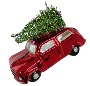 Hovedbilde R&oslash;d glassbil med juletre, 13cm